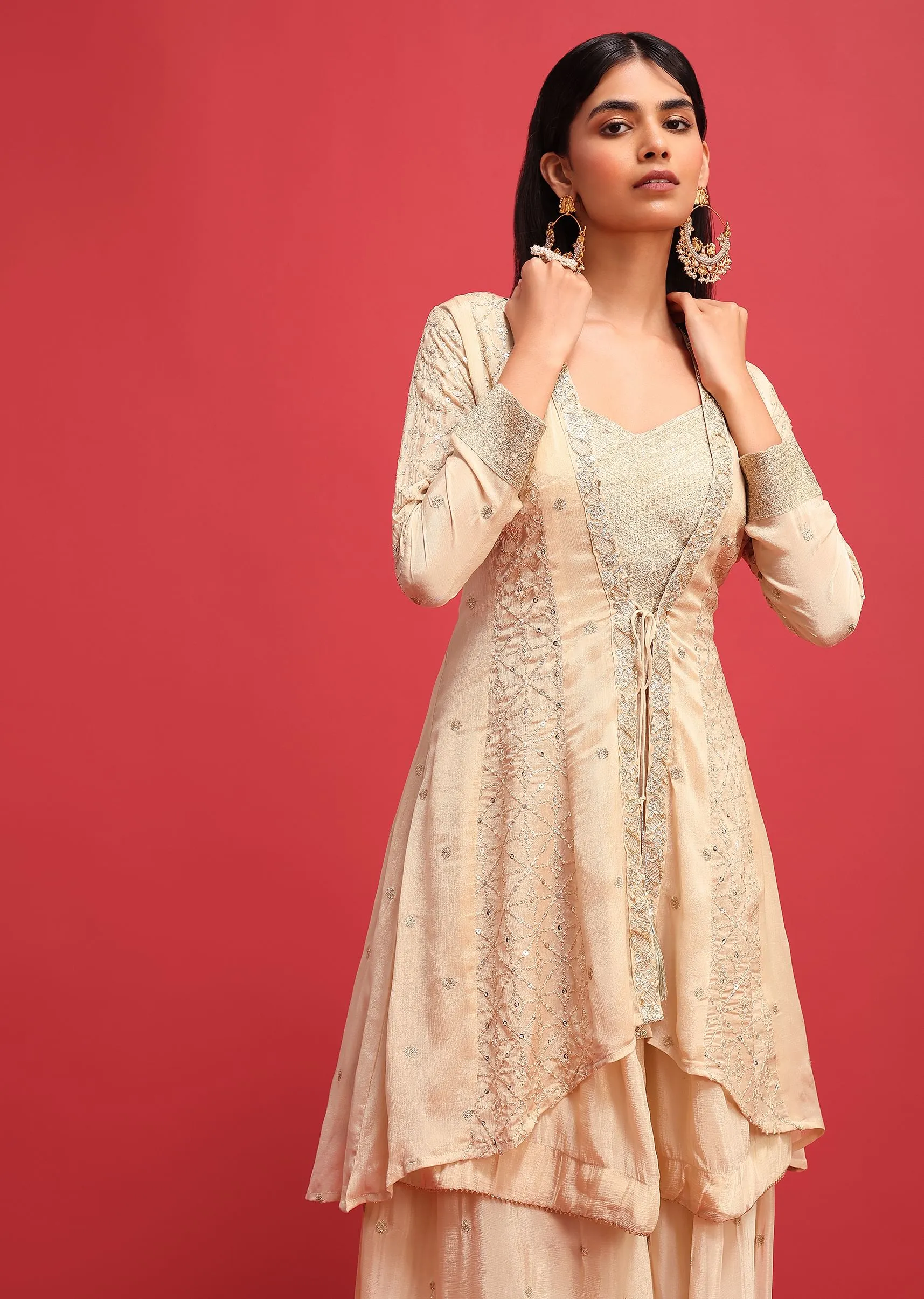 Beige Silk Kurta Palazzo Set With Jacket In Sequins