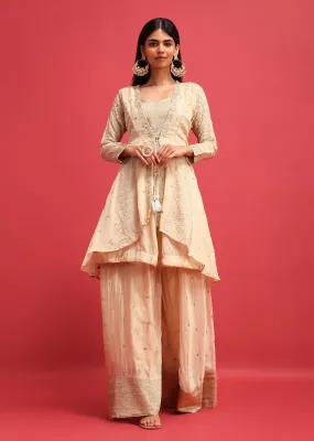 Beige Silk Kurta Palazzo Set With Jacket In Sequins