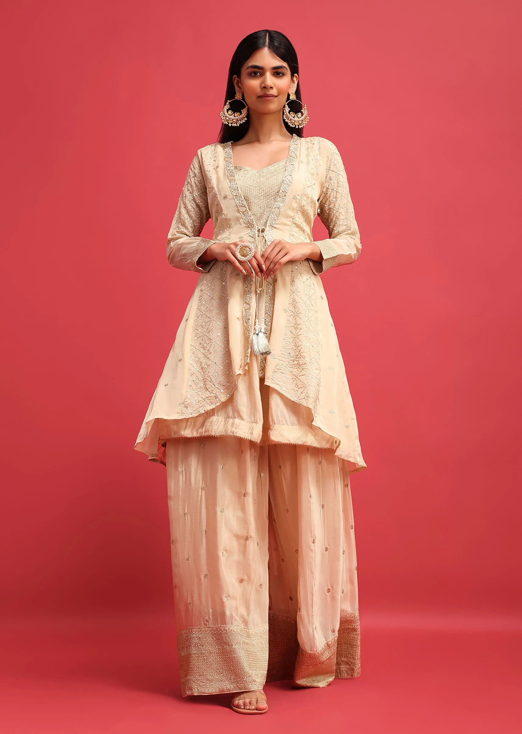 Beige Silk Kurta Palazzo Set With Jacket In Sequins