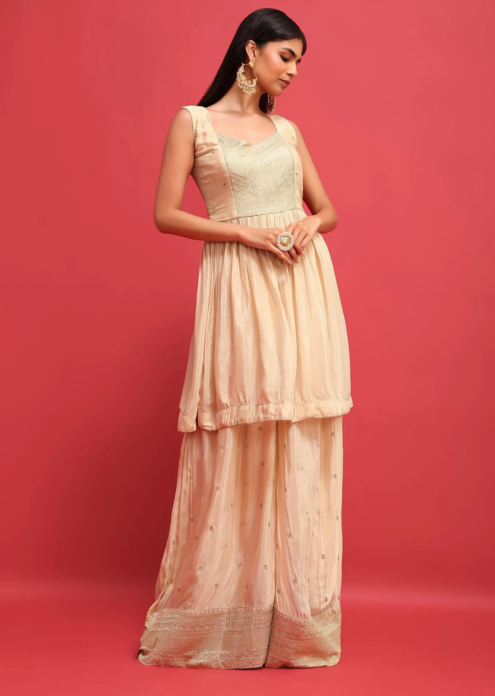 Beige Silk Kurta Palazzo Set With Jacket In Sequins