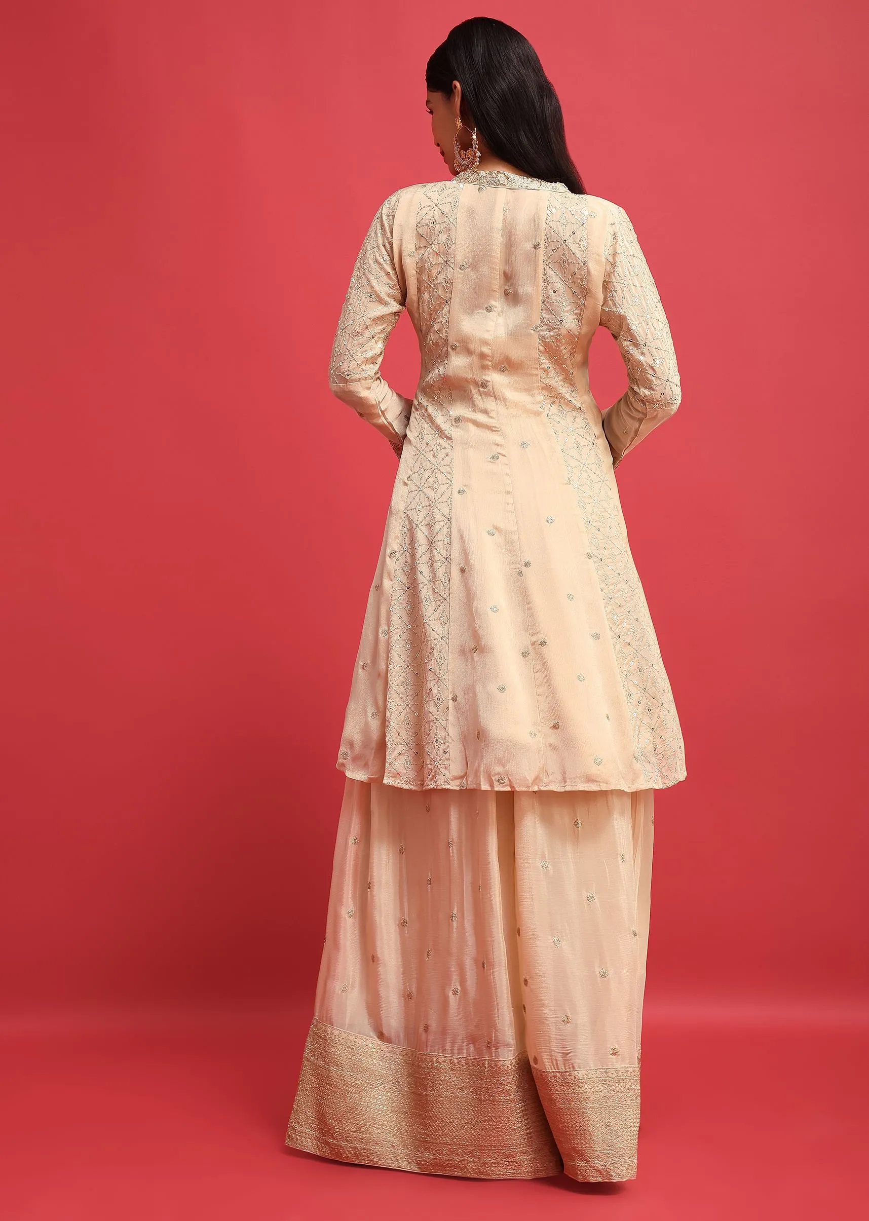 Beige Silk Kurta Palazzo Set With Jacket In Sequins