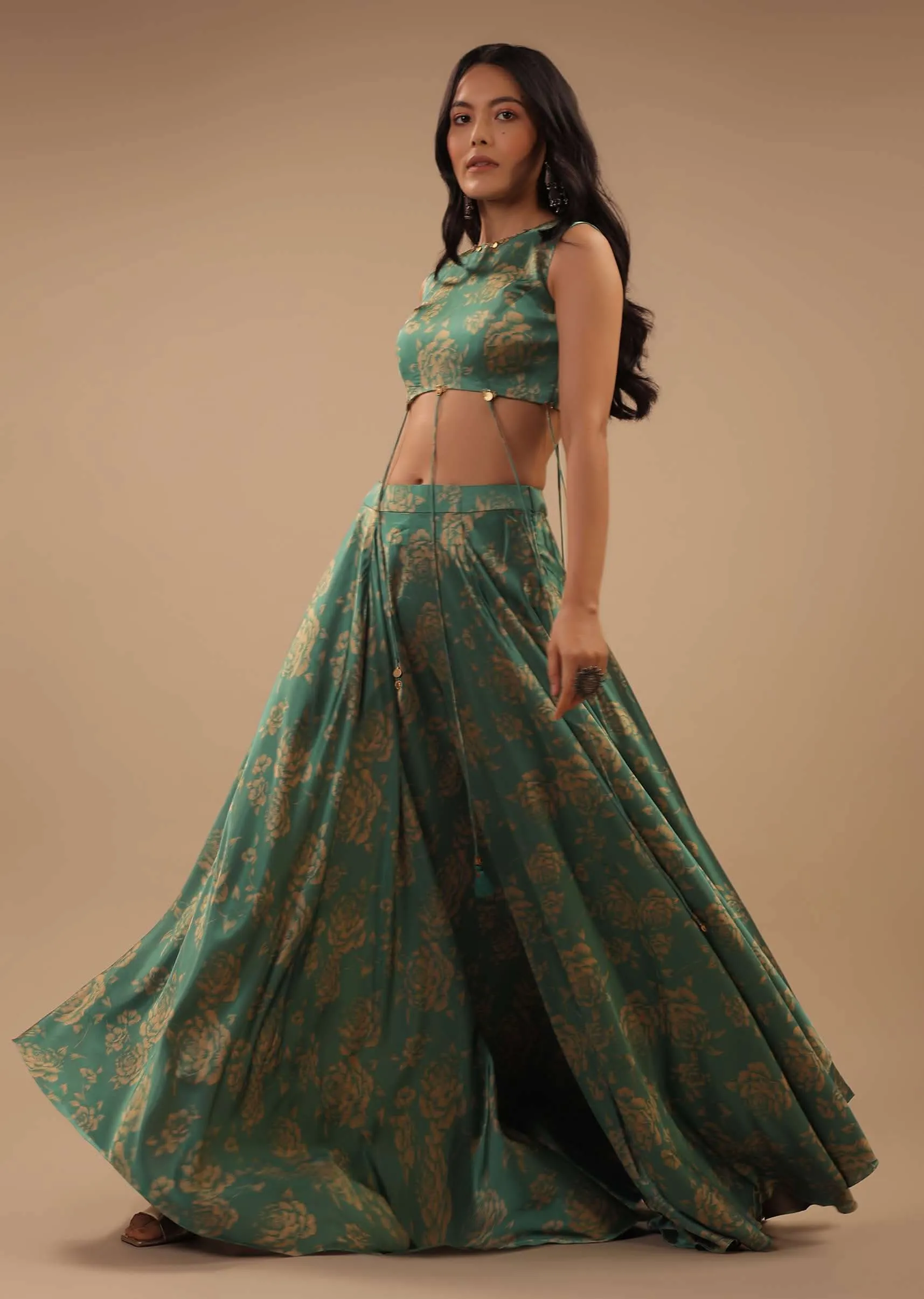 Beryl Green Satin Blouse And Palazzo Pants With Floral Print And Asymmetric Hemline