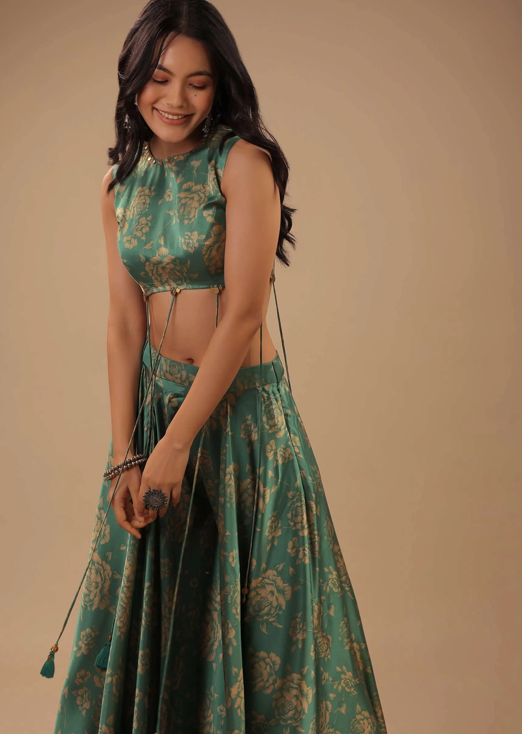 Beryl Green Satin Blouse And Palazzo Pants With Floral Print And Asymmetric Hemline