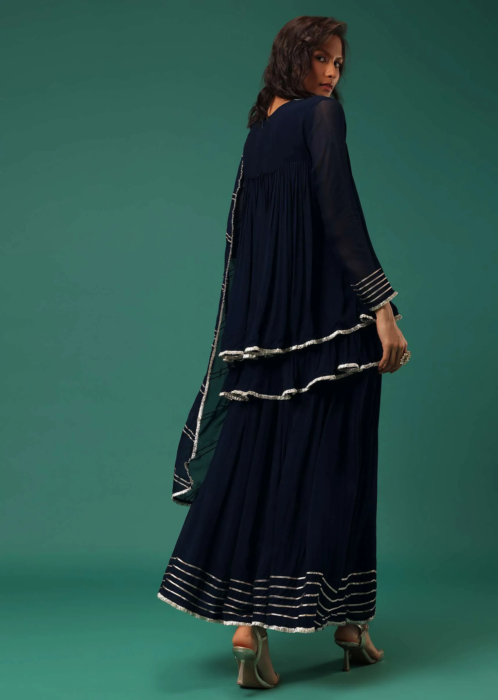 Blue Embroidered Palazzo Suit Set In Georgette With Double Peplum Top