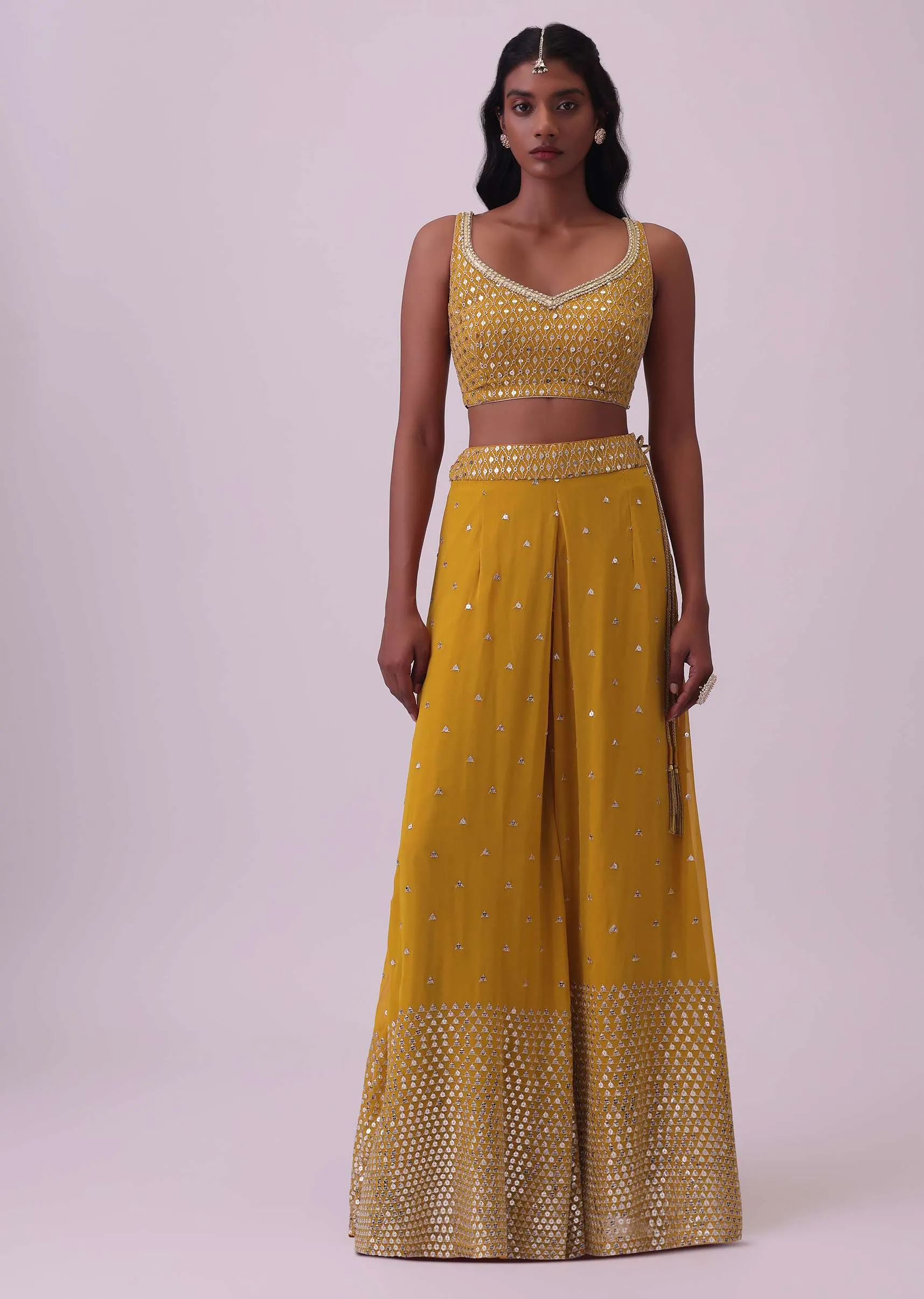 Honey Yellow Palazzo And Blouse Set In Georgette With Sequins Work