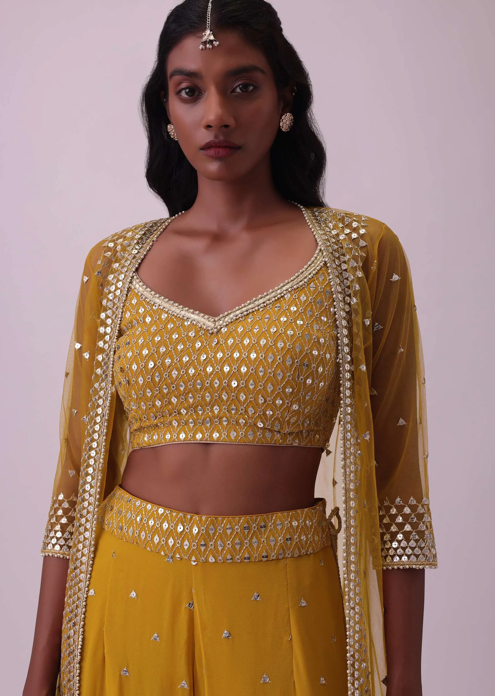Honey Yellow Palazzo And Blouse Set In Georgette With Sequins Work