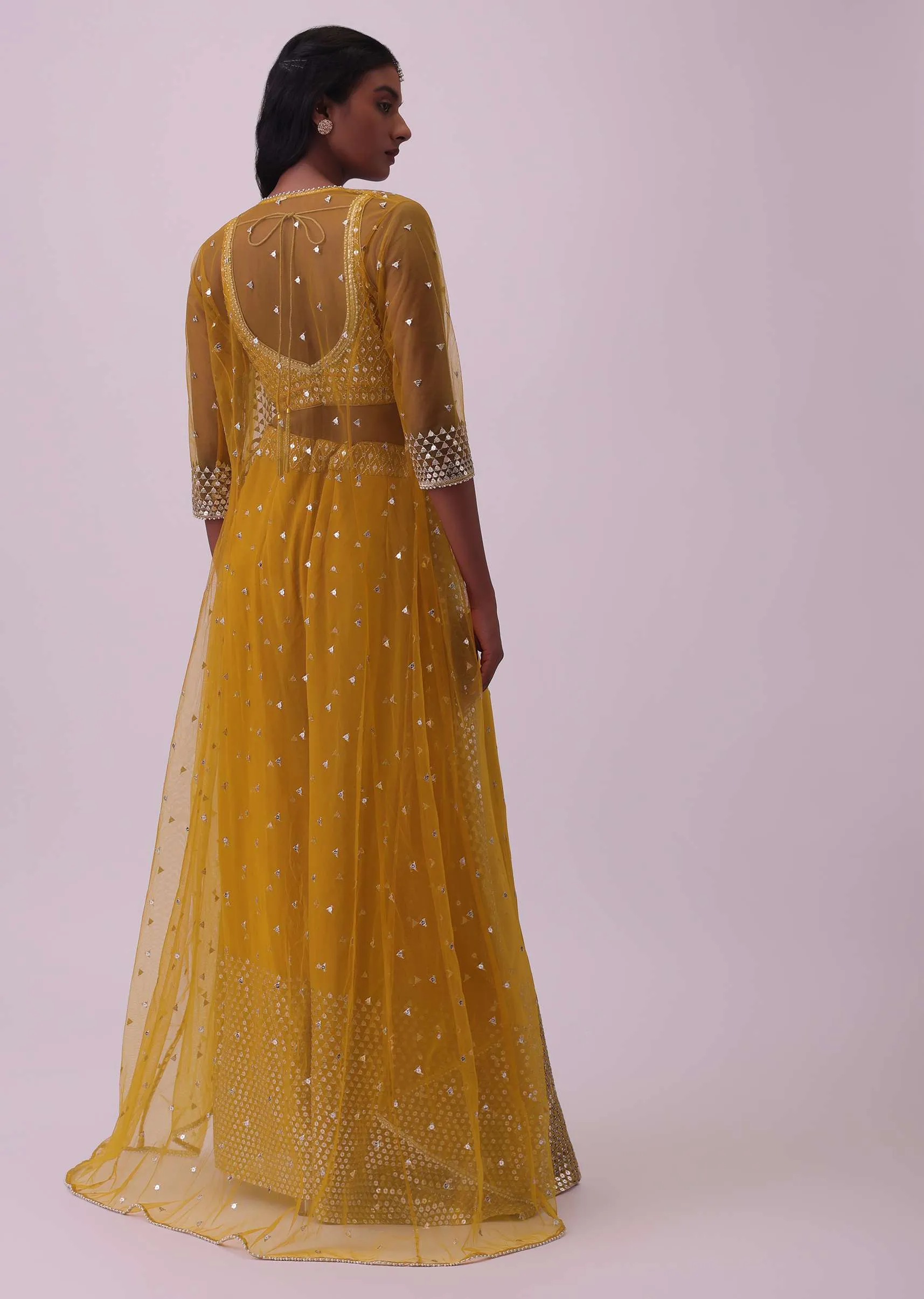 Honey Yellow Palazzo And Blouse Set In Georgette With Sequins Work