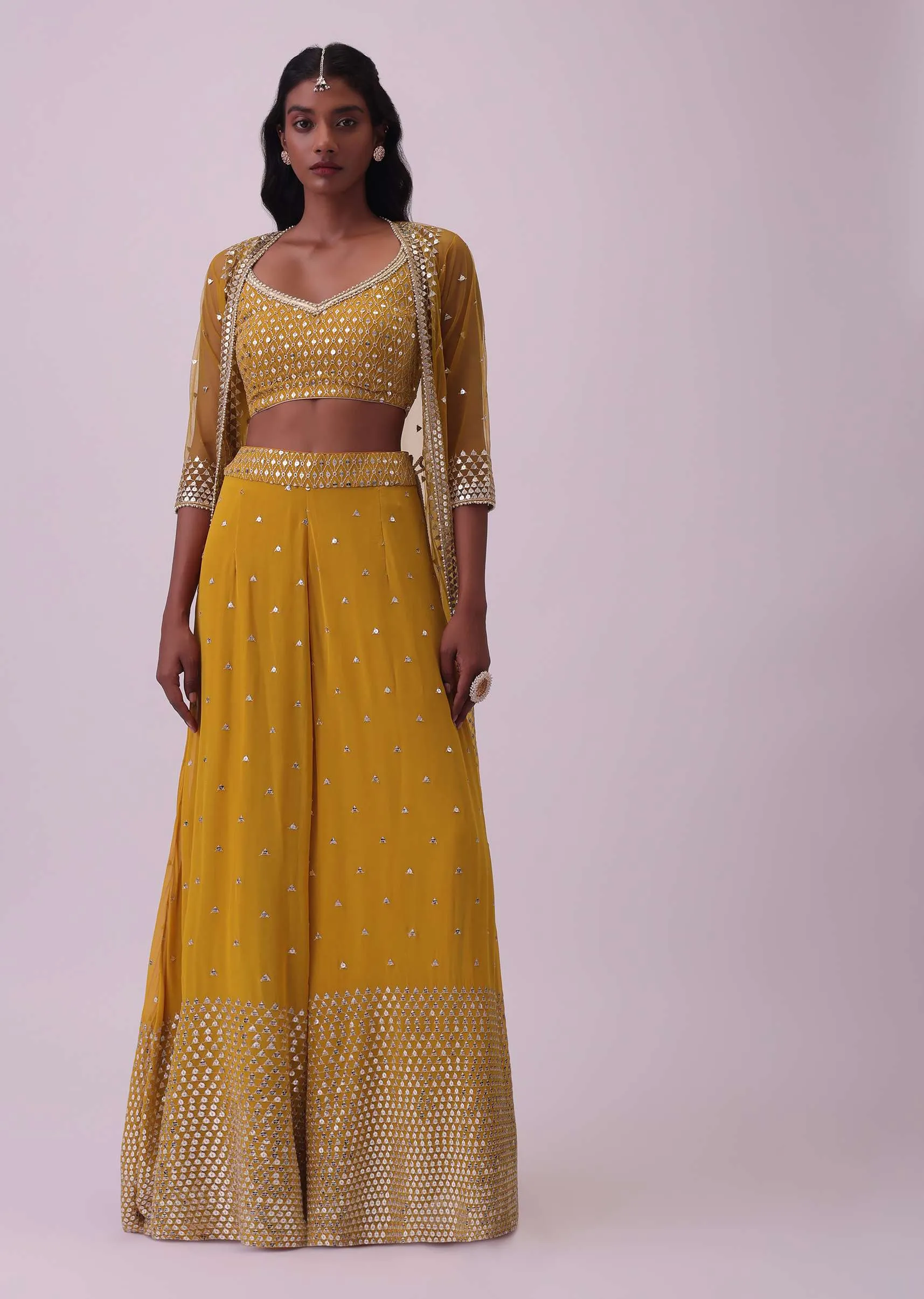 Honey Yellow Palazzo And Blouse Set In Georgette With Sequins Work