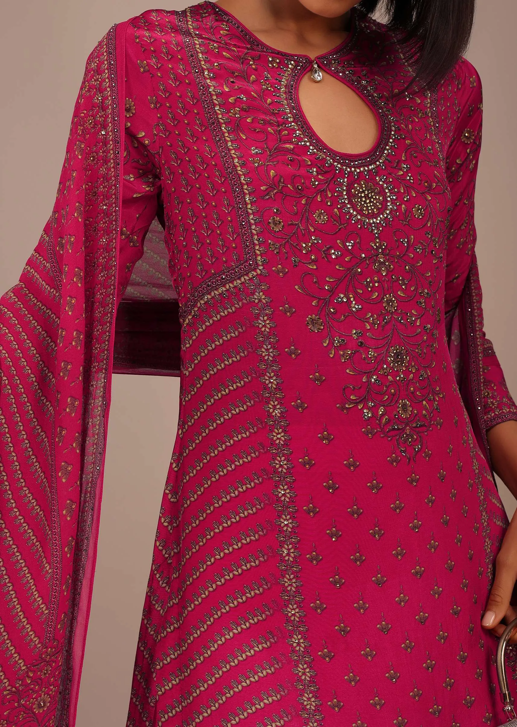 Hot Pink Printed Palazzo Suit With Stonework In Crepe