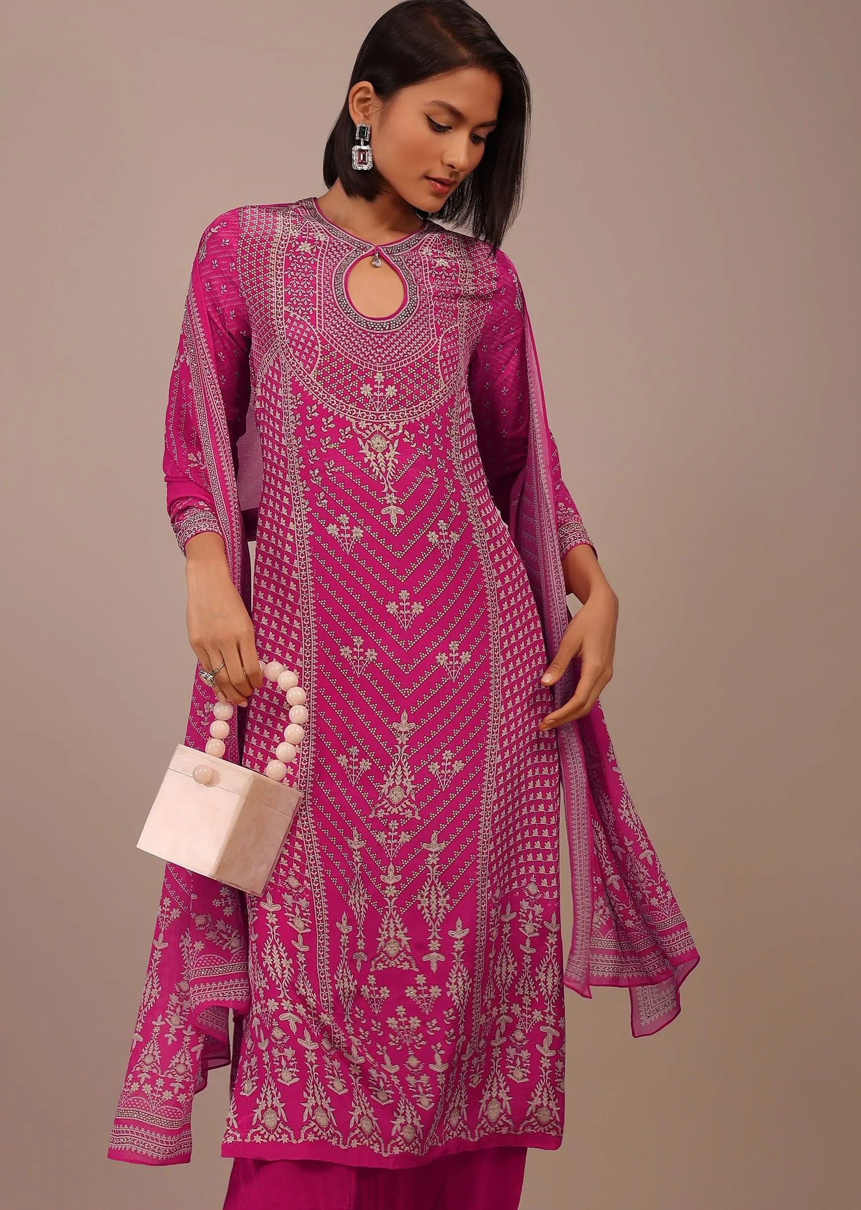 Hot Pink Printed Palazzo Suit With Stonework In Crepe