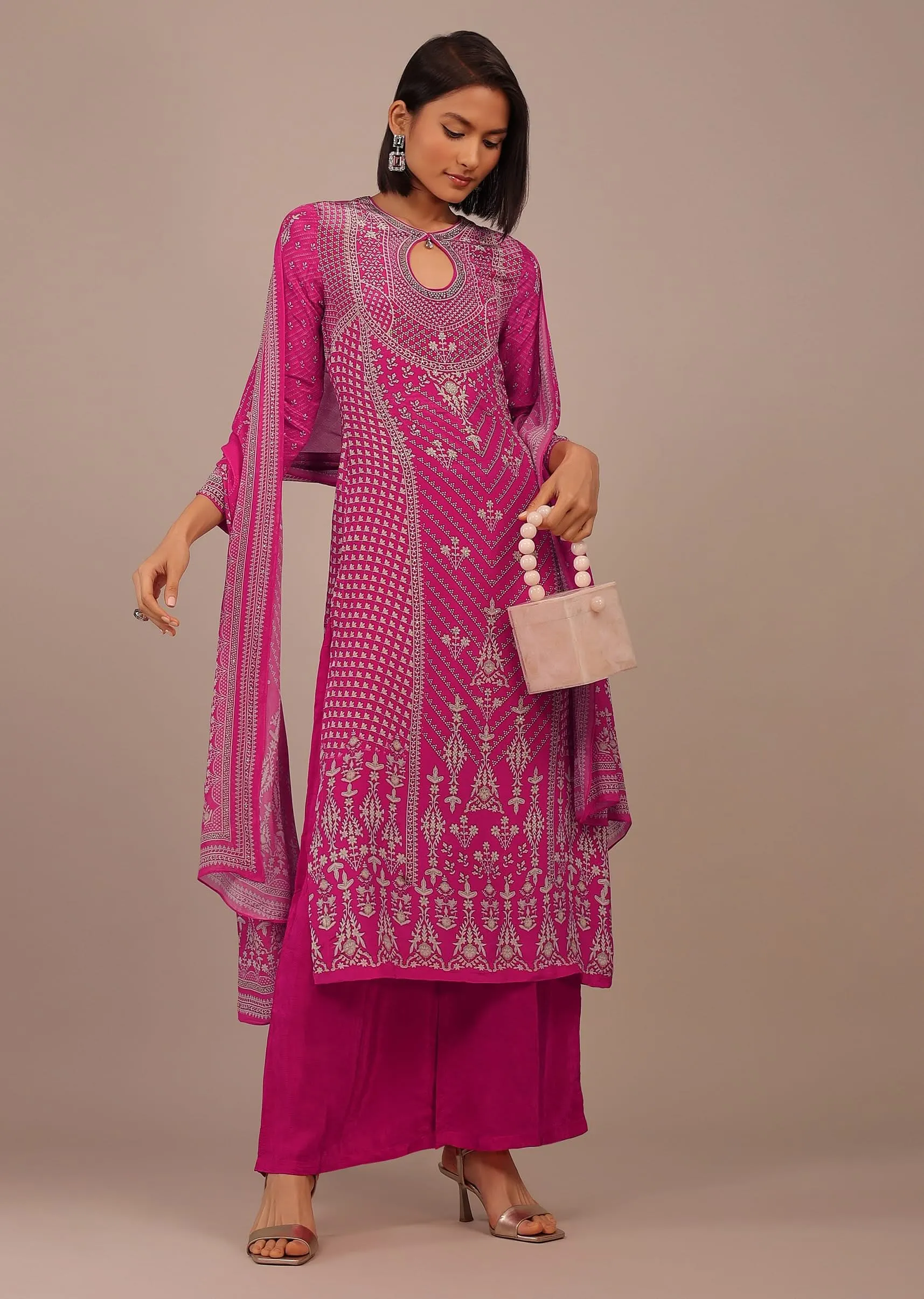 Hot Pink Printed Palazzo Suit With Stonework In Crepe