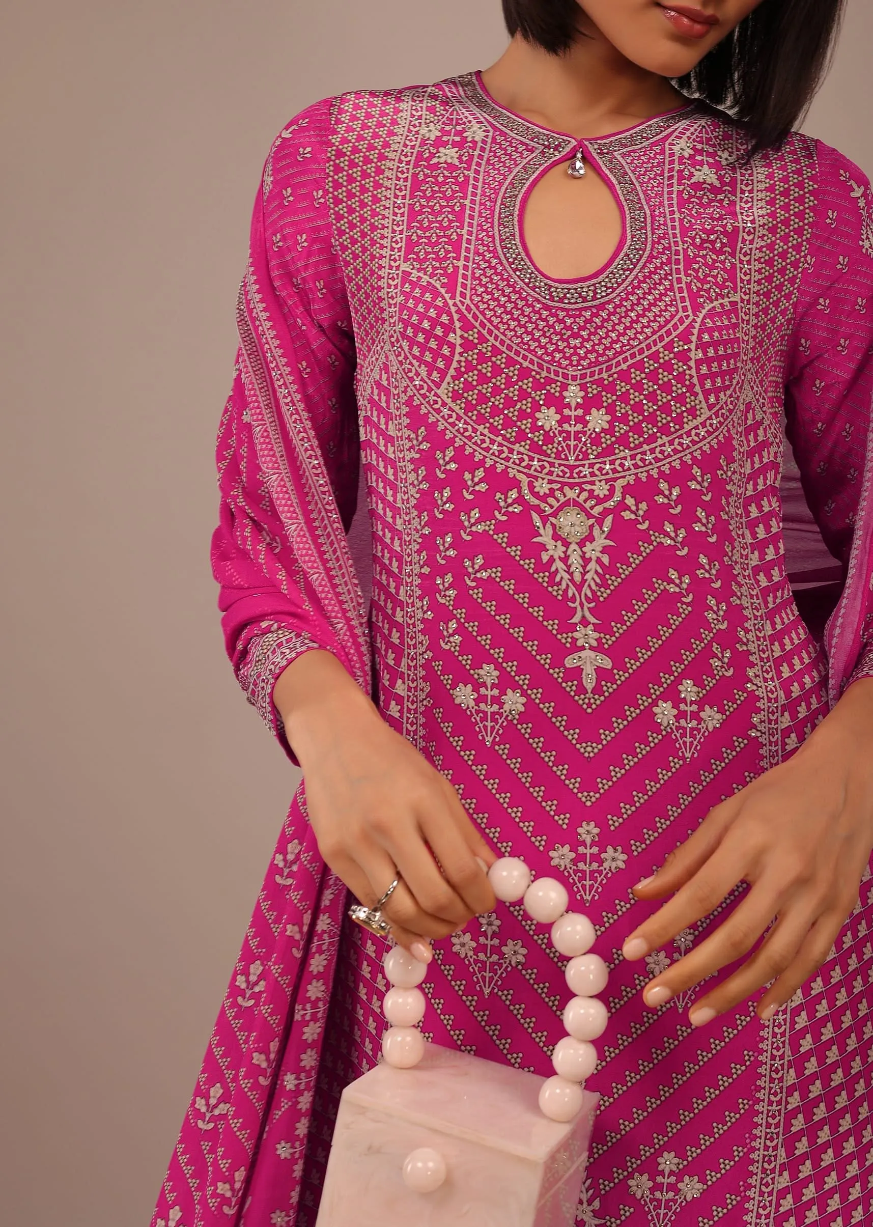Hot Pink Printed Palazzo Suit With Stonework In Crepe