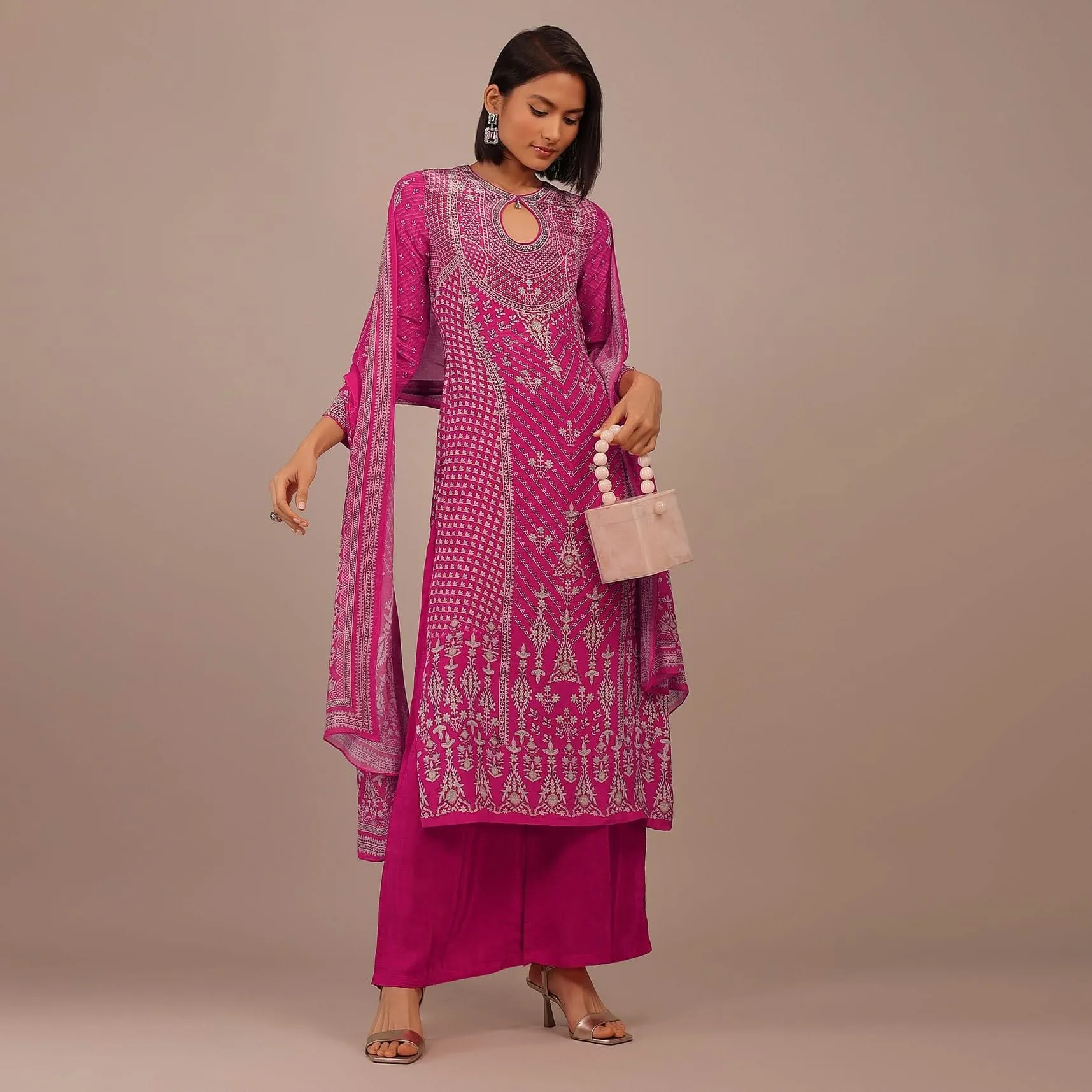 Hot Pink Printed Palazzo Suit With Stonework In Crepe