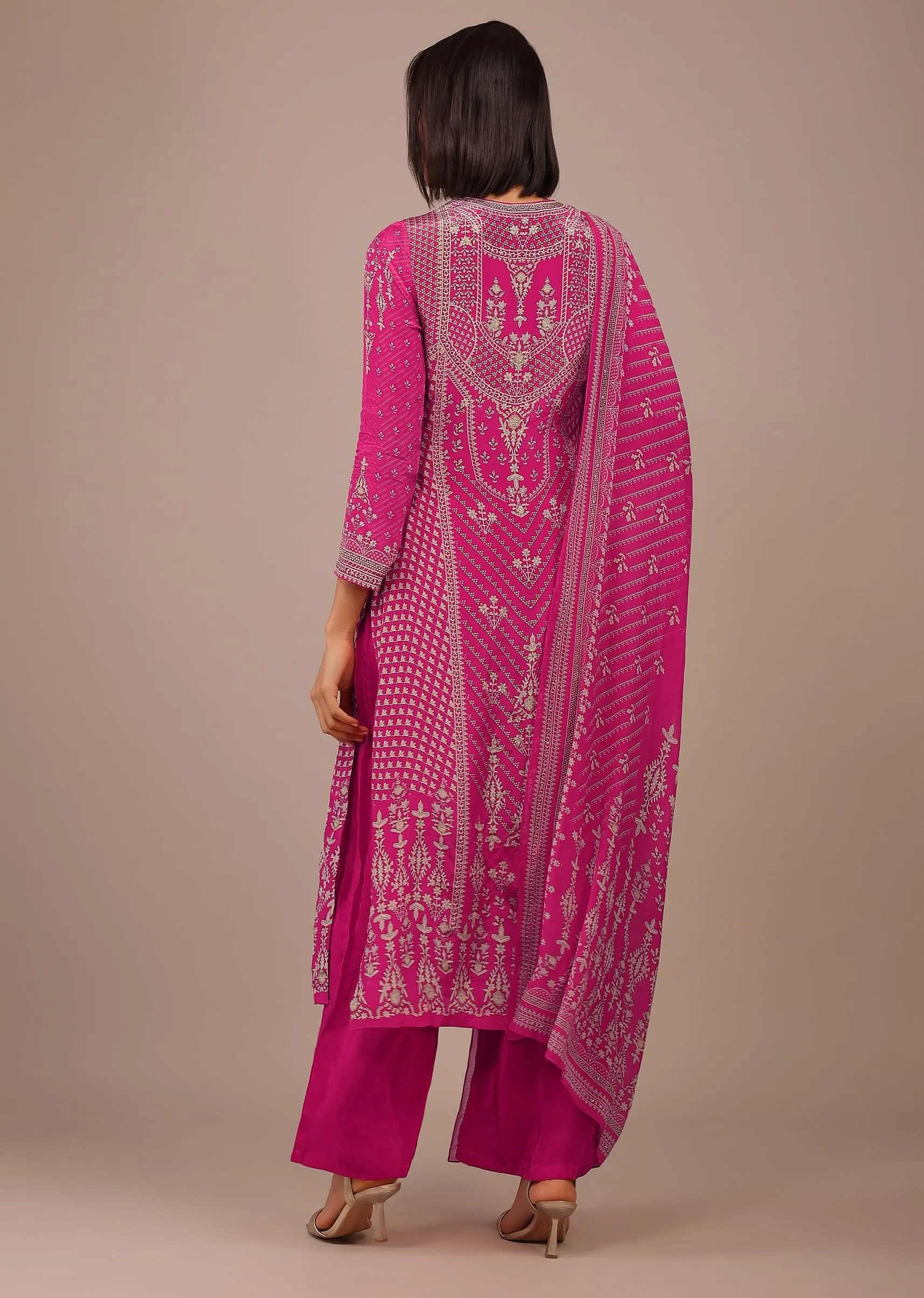 Hot Pink Printed Palazzo Suit With Stonework In Crepe