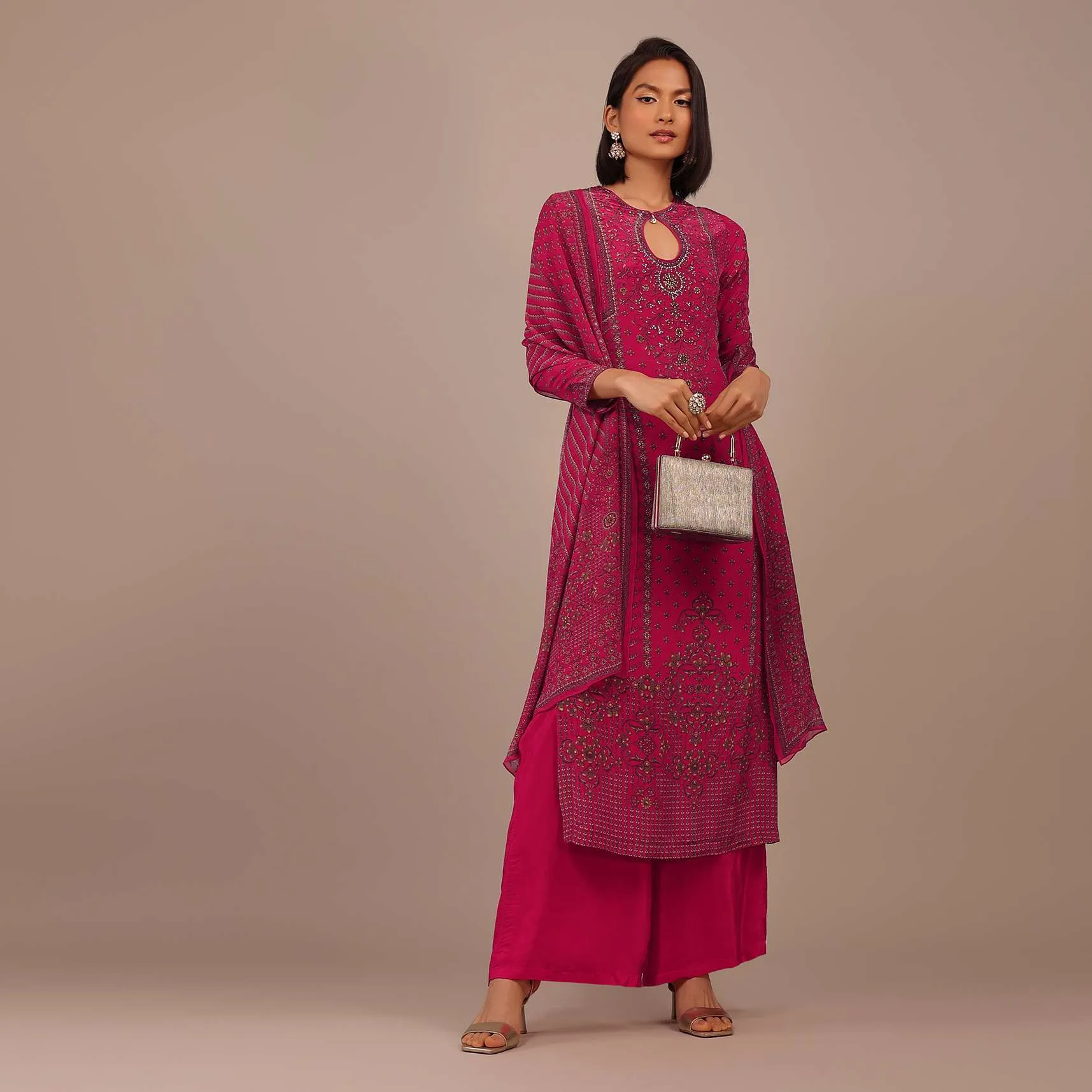 Hot Pink Printed Palazzo Suit With Stonework In Crepe