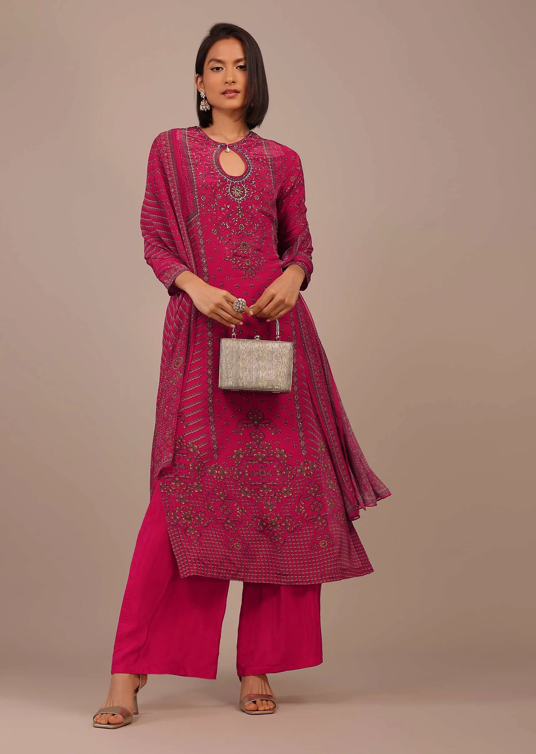 Hot Pink Printed Palazzo Suit With Stonework In Crepe