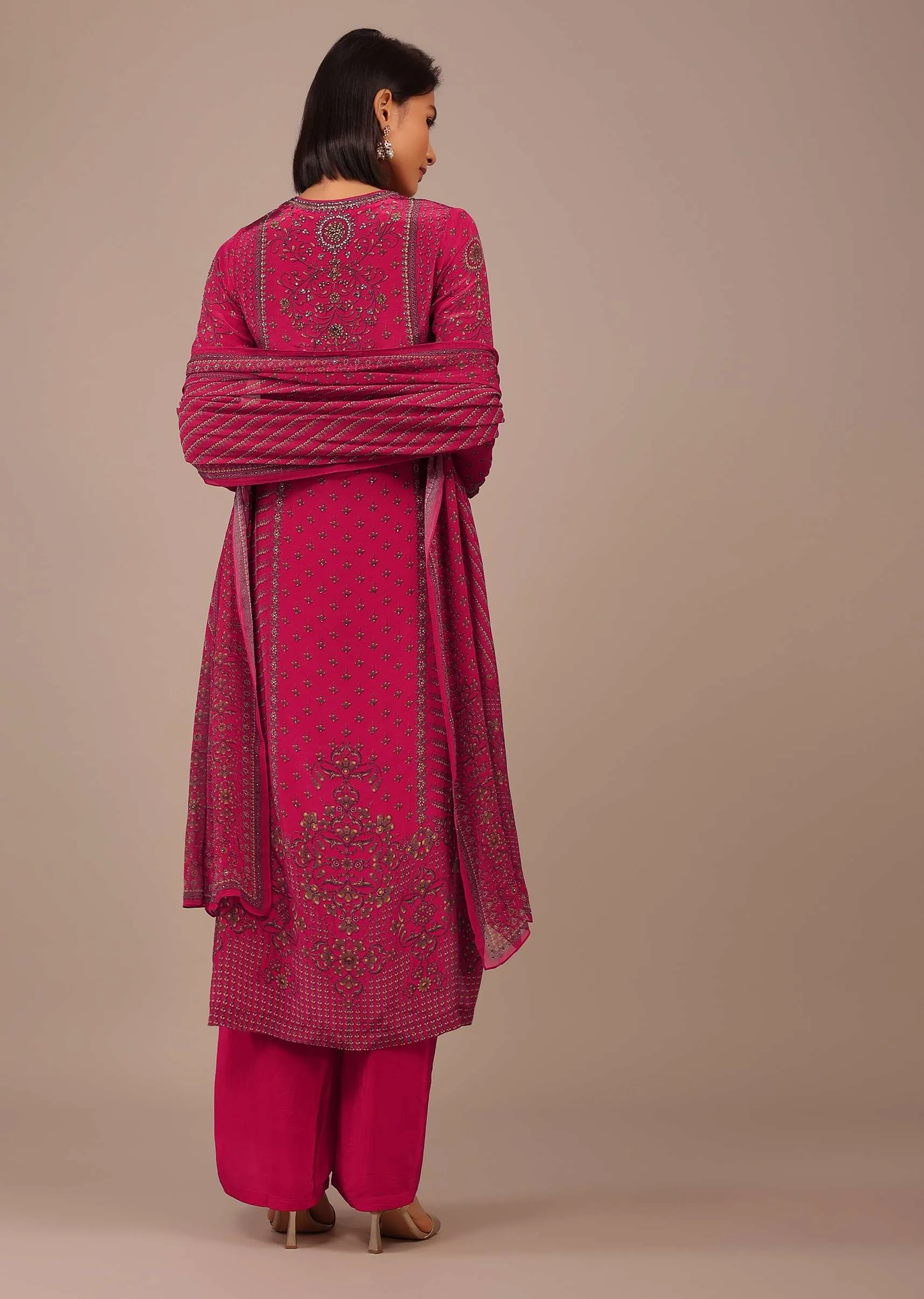Hot Pink Printed Palazzo Suit With Stonework In Crepe