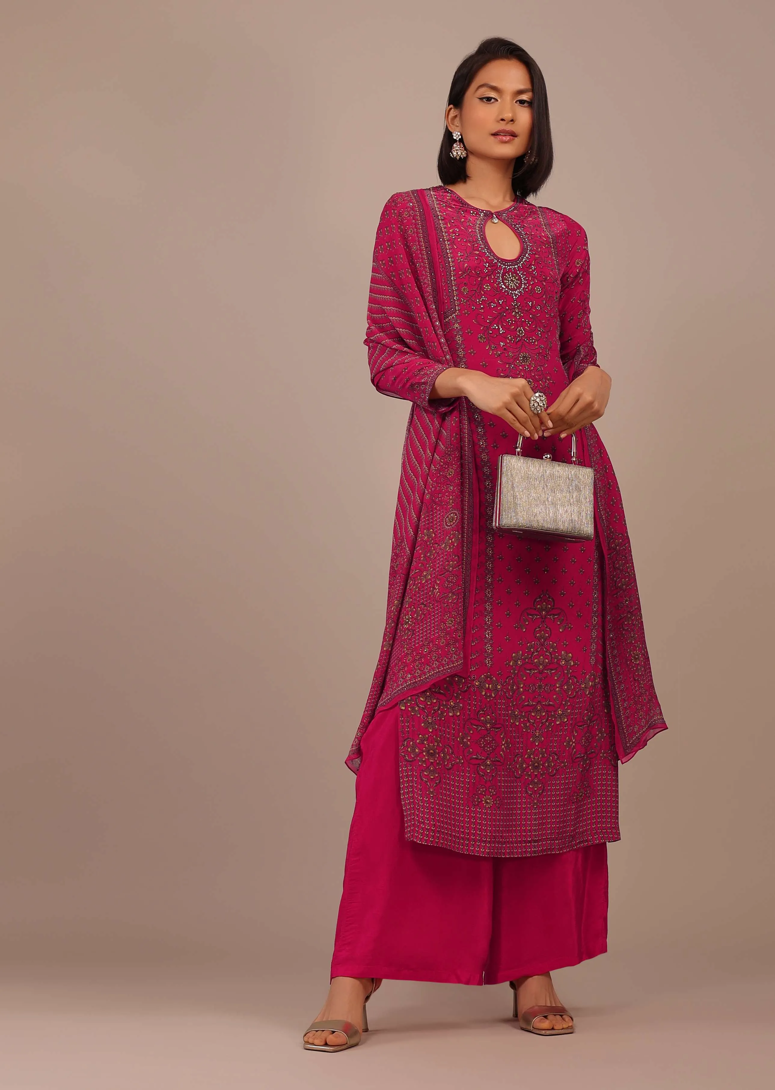Hot Pink Printed Palazzo Suit With Stonework In Crepe