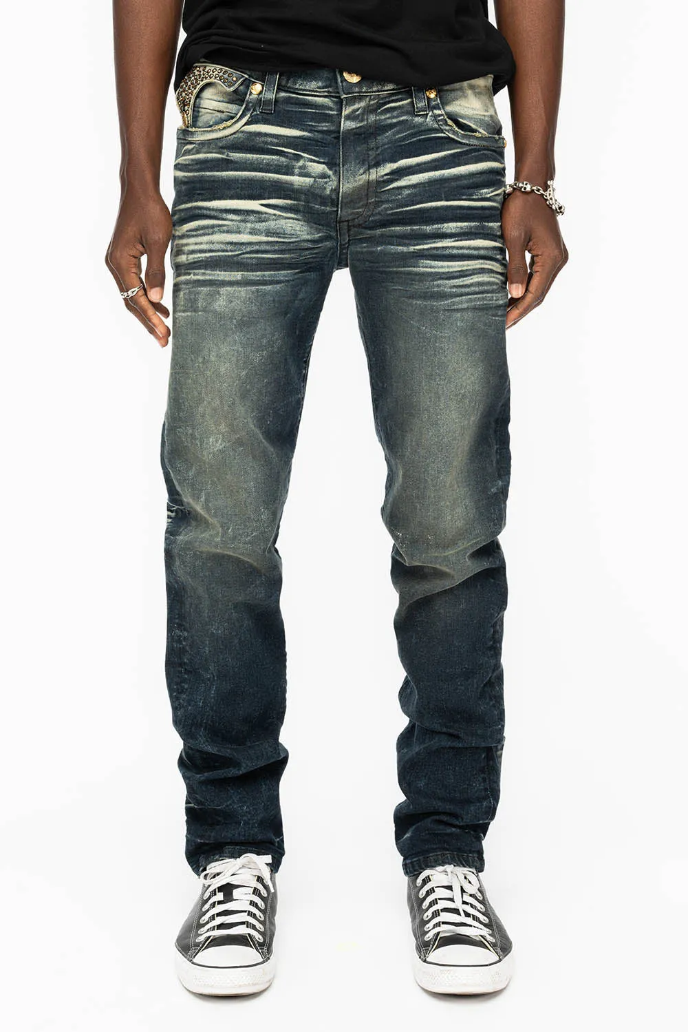 KILLER FLAP MENS SKINNY JEANS IN 4D DARK BLUE WASH WITH GOLD WINGS AND FULL AUROM CRYSTAL