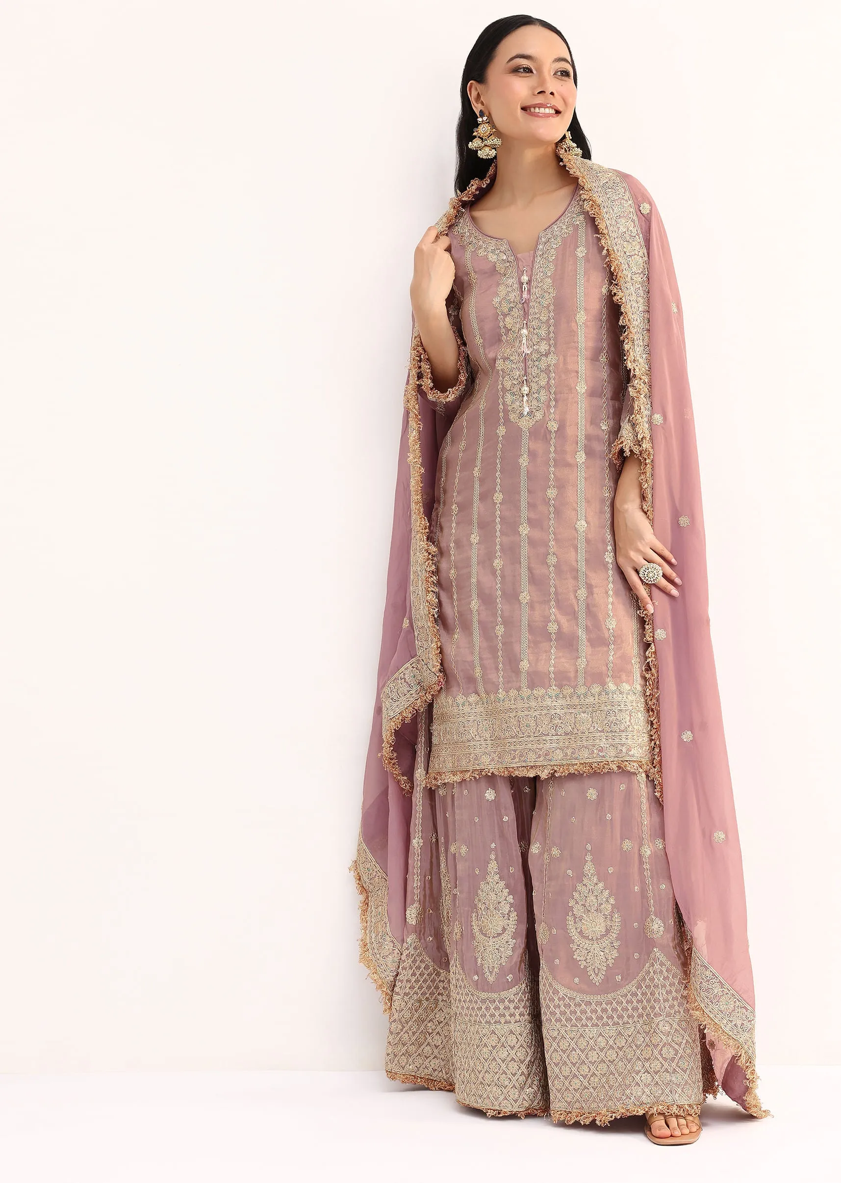 Lavender Tissue Kurta Palazzo Set With Sequin And Gotta Work