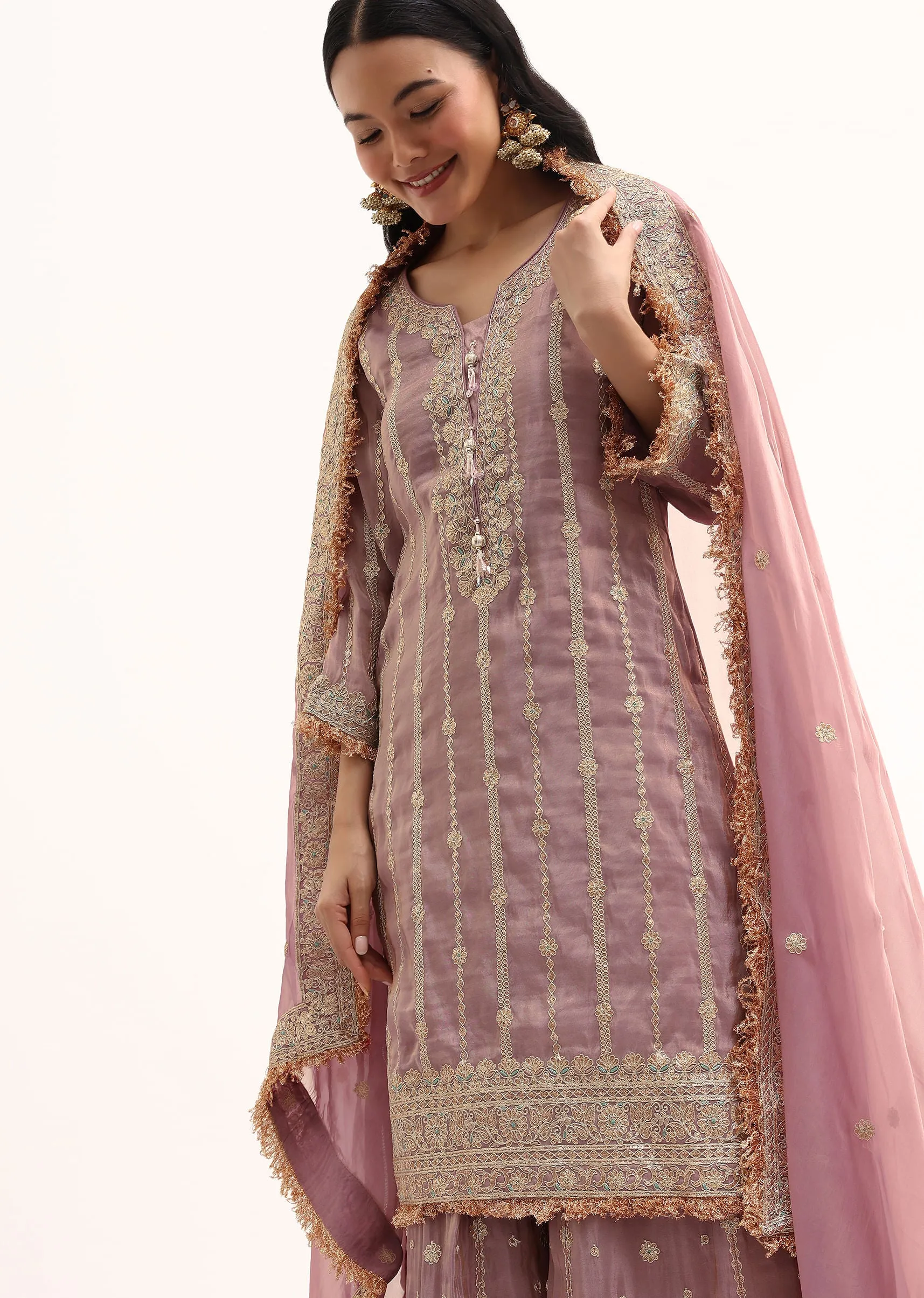 Lavender Tissue Kurta Palazzo Set With Sequin And Gotta Work