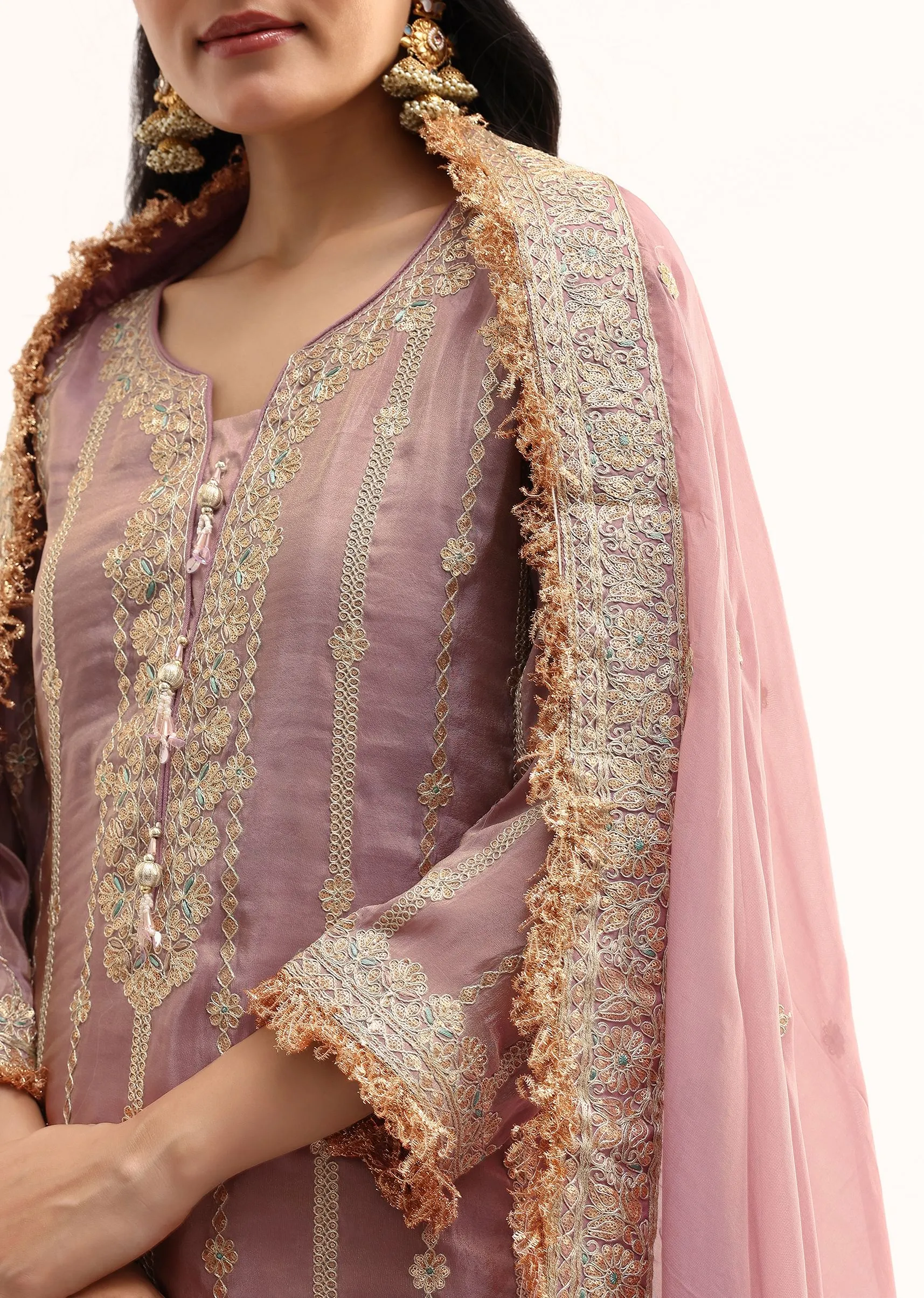 Lavender Tissue Kurta Palazzo Set With Sequin And Gotta Work