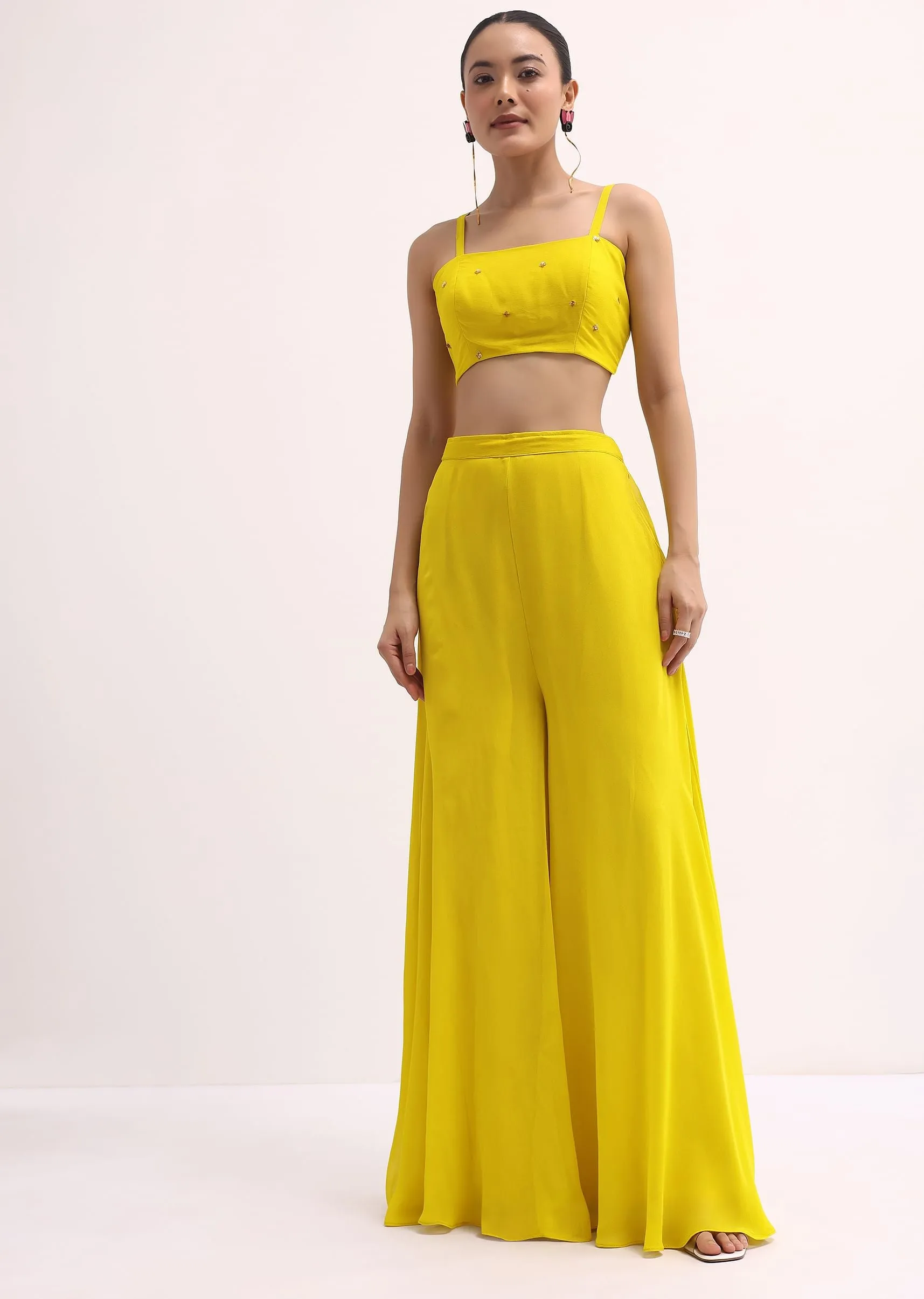 Lime Green Embroidered Palazzo Set With Jacket