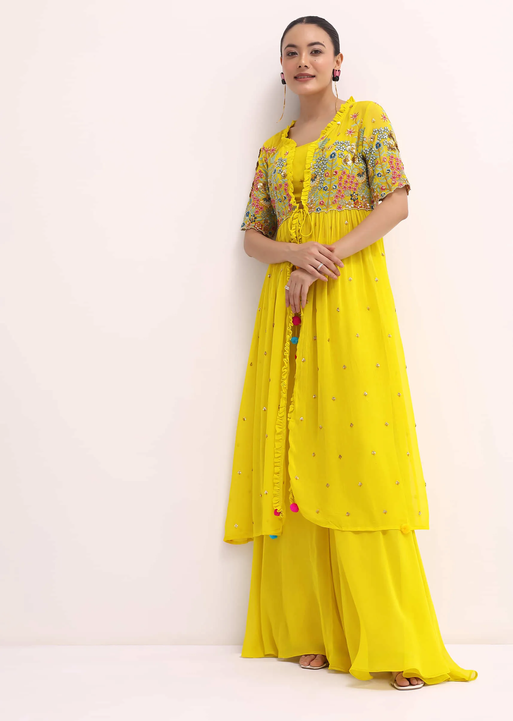 Lime Green Embroidered Palazzo Set With Jacket