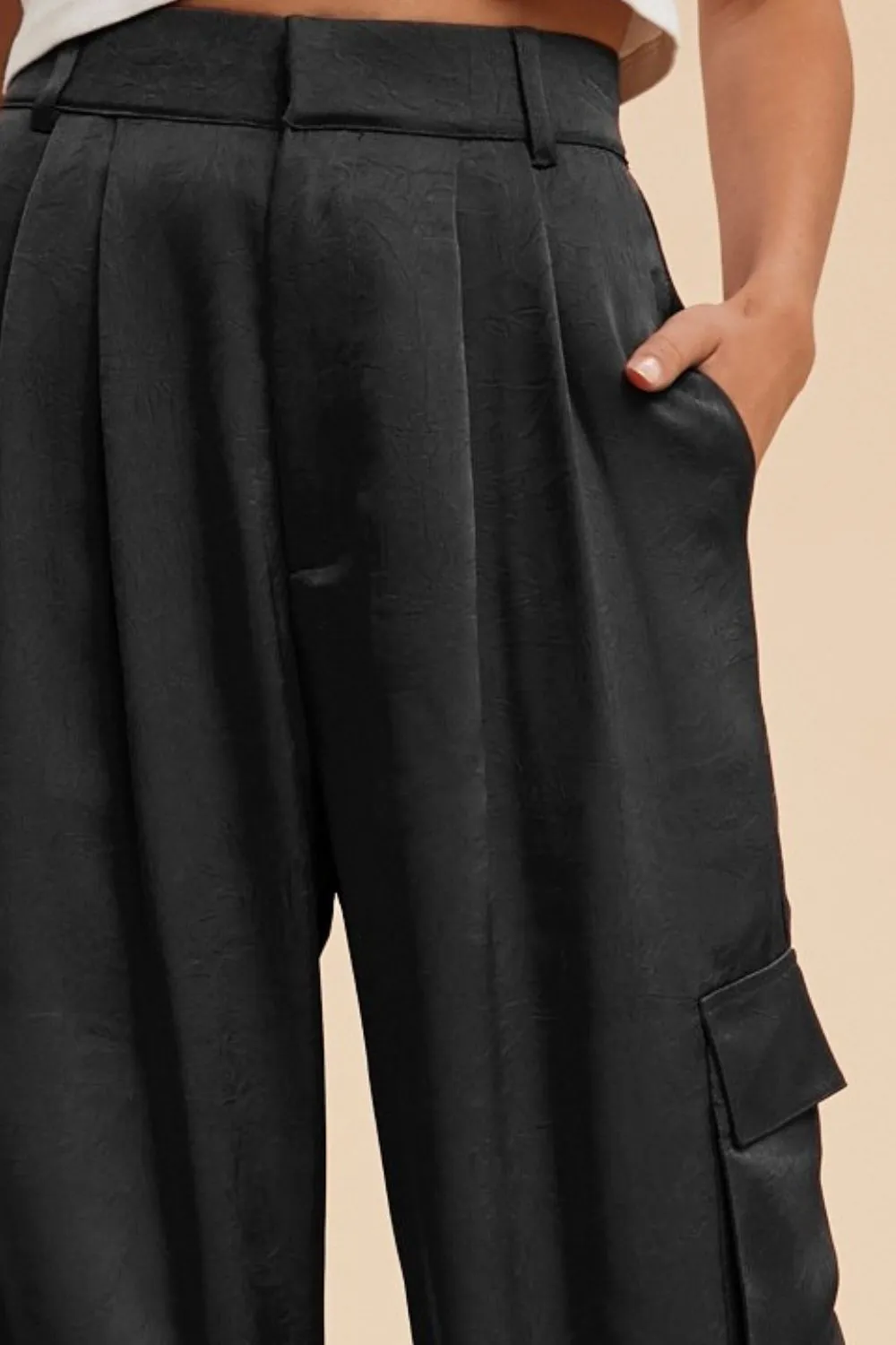 Luxe Black Wide-Leg Satin Cargo Pants