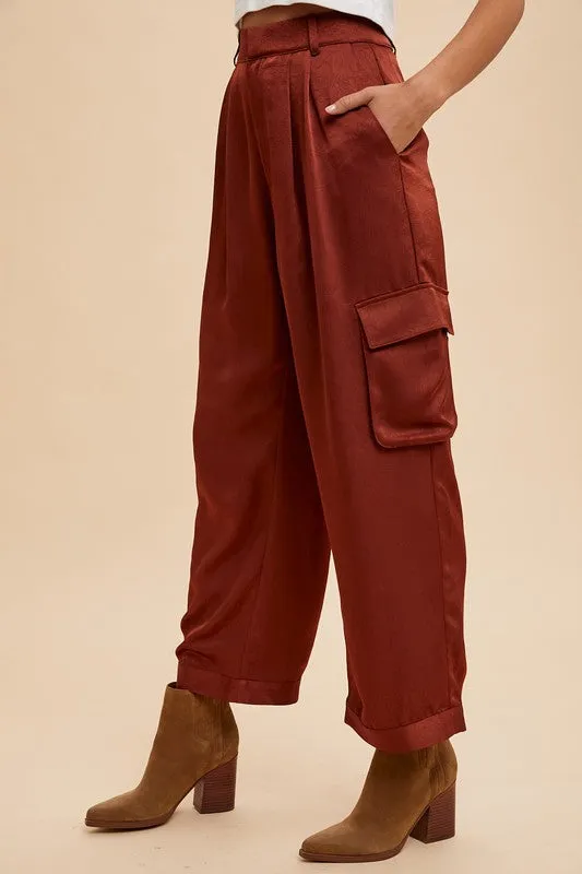 Luxe Burgundy Wide-Leg Satin Cargo Pants