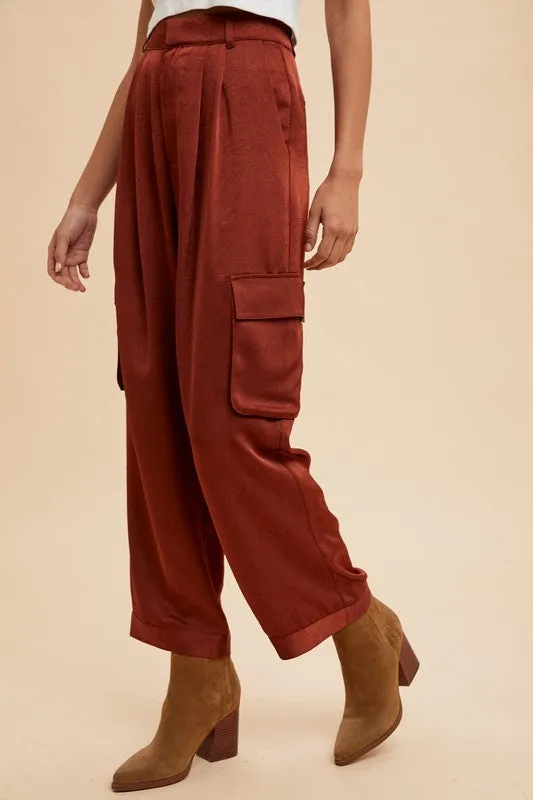 Luxe Burgundy Wide-Leg Satin Cargo Pants