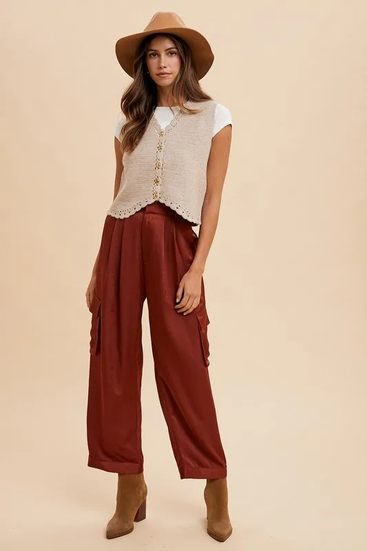 Luxe Burgundy Wide-Leg Satin Cargo Pants