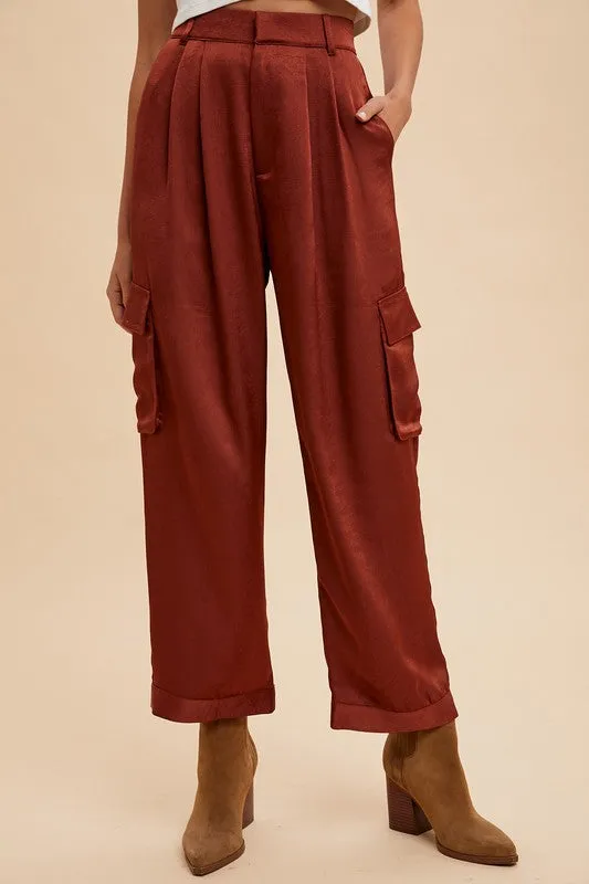Luxe Burgundy Wide-Leg Satin Cargo Pants