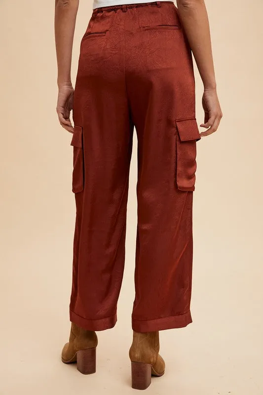Luxe Burgundy Wide-Leg Satin Cargo Pants