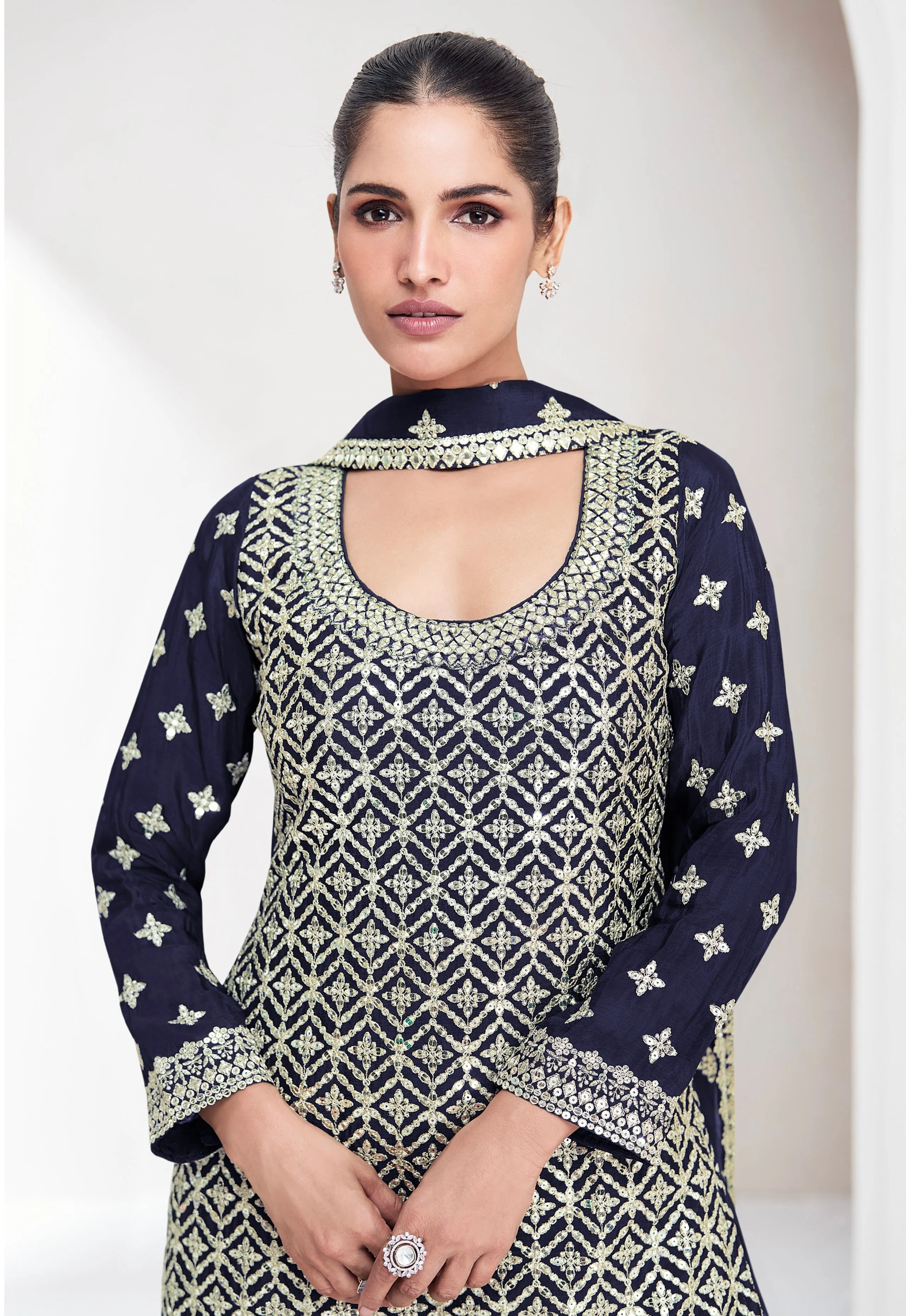Navy Blue Chinnon Silk Palazzo Suit with Embroidered Dupatta