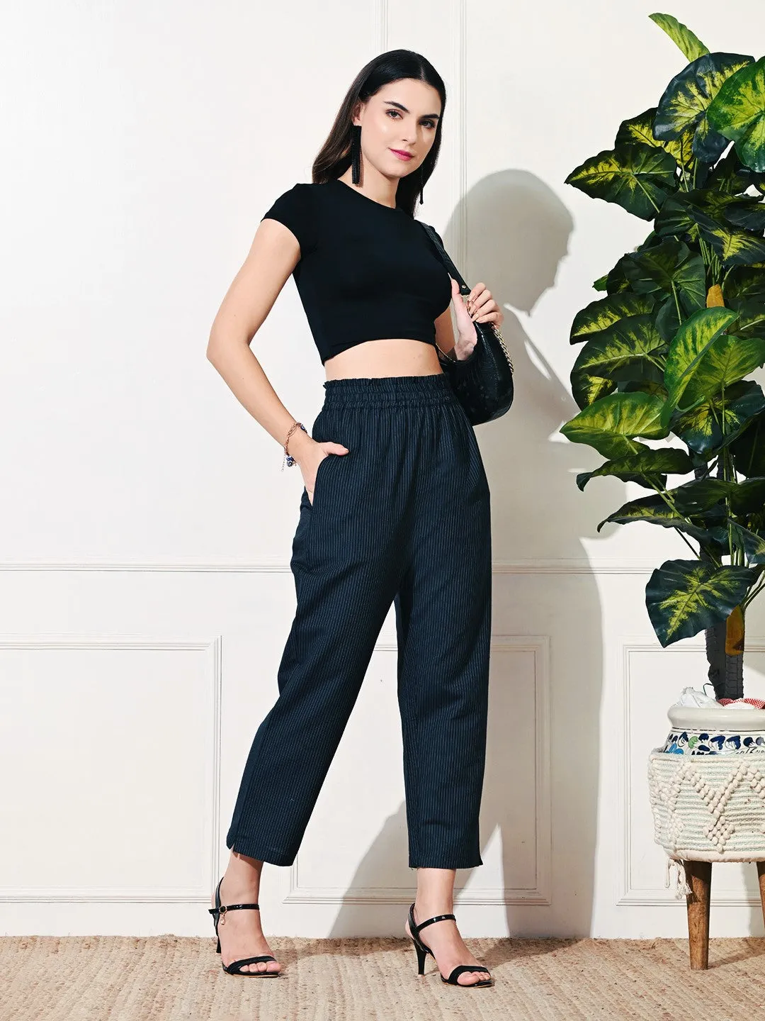 Navy Stripe Straight Fit Trousers