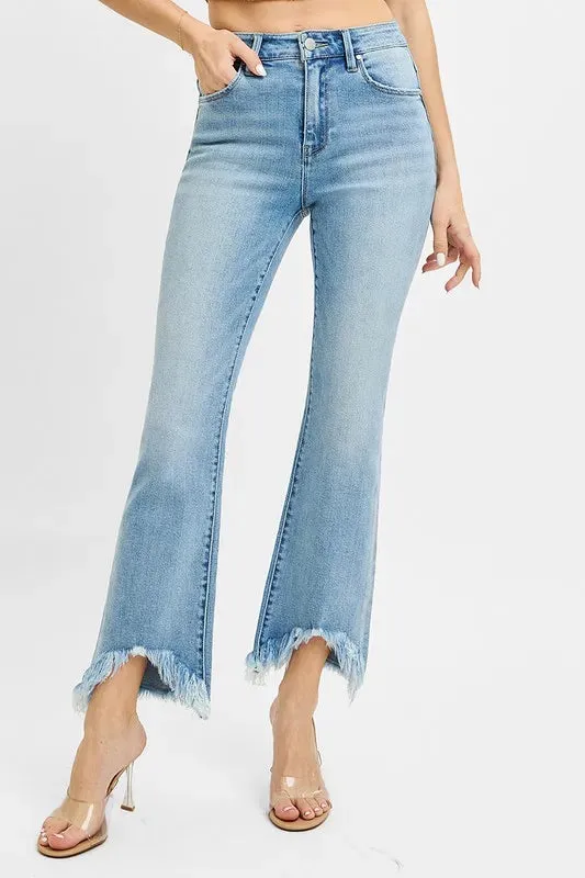 Risen High Rise Crop Bootcut Fray Hem Jeans