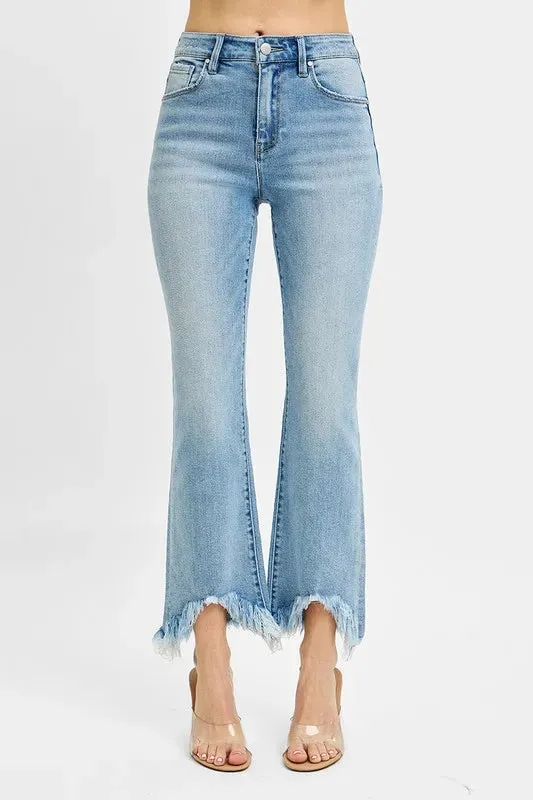 Risen High Rise Crop Bootcut Fray Hem Jeans