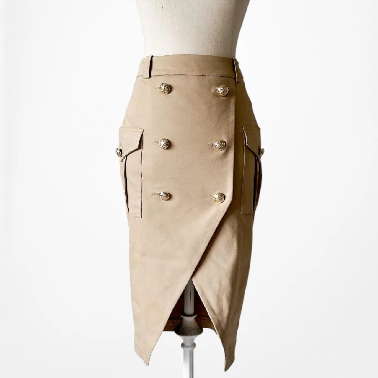 River Island Brown Beige Double Breasted Front Knee Length Bodycon Skirt Size XS