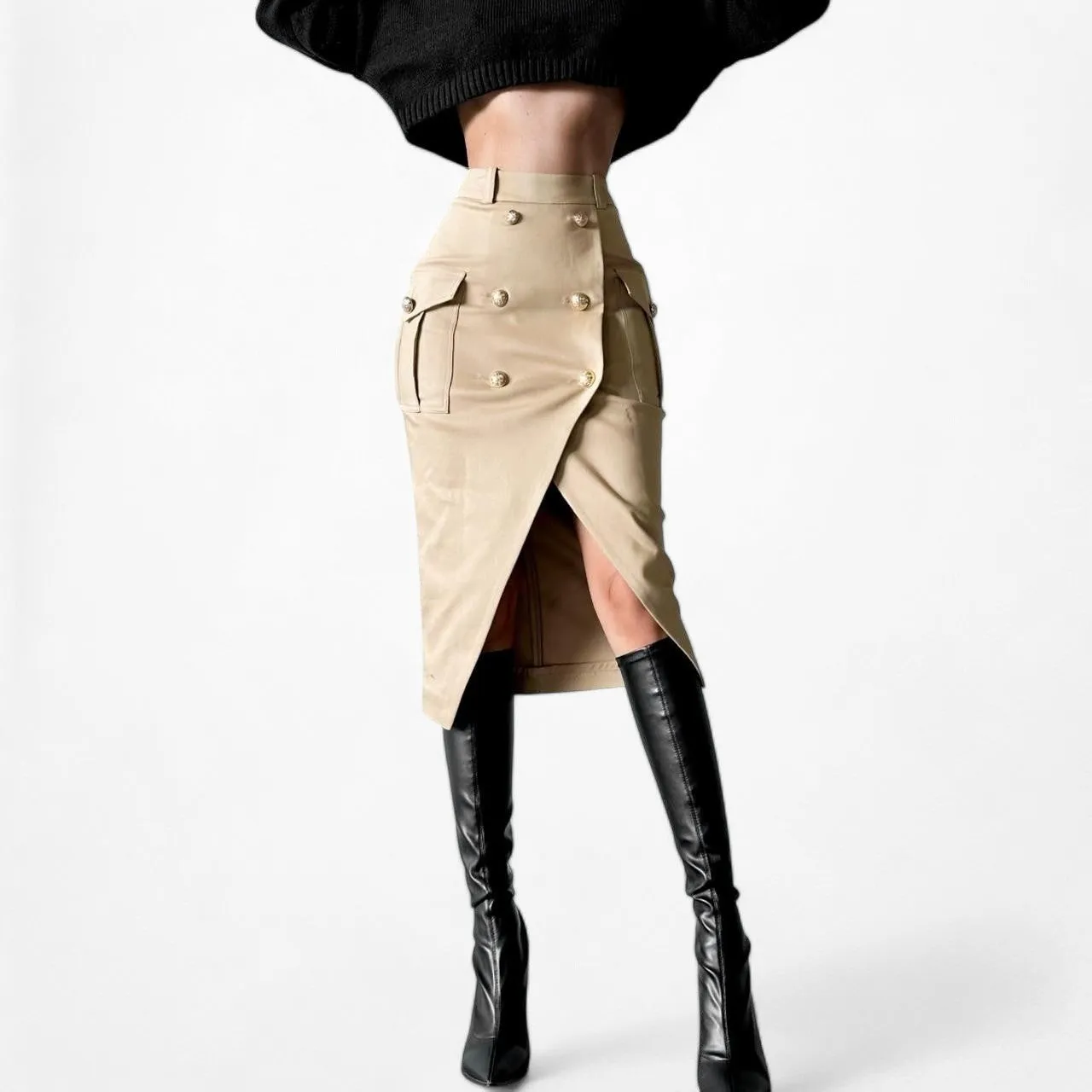River Island Brown Beige Double Breasted Front Knee Length Bodycon Skirt Size XS