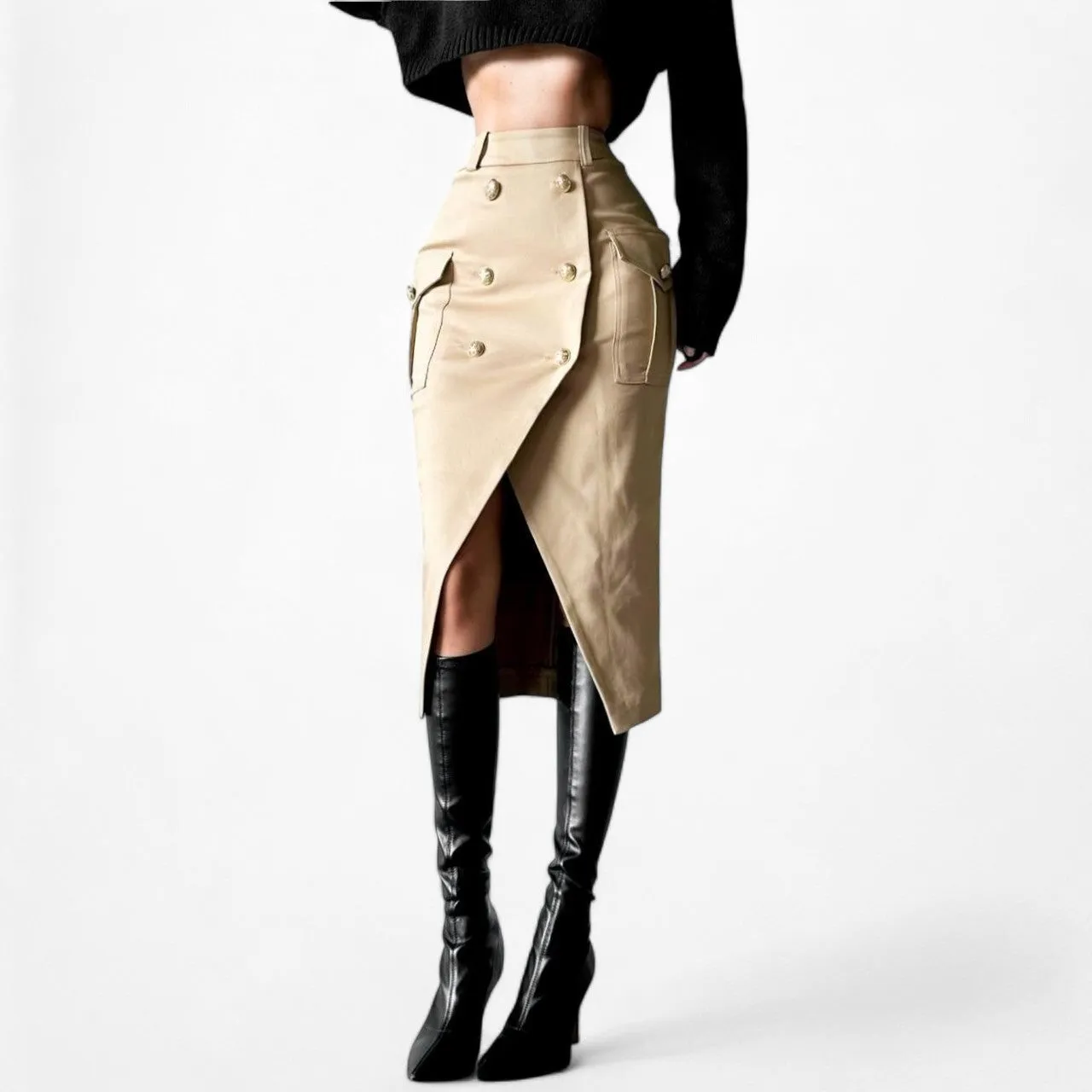River Island Brown Beige Double Breasted Front Knee Length Bodycon Skirt Size XS