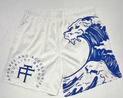 White Mesh Wave Print Athletic Shorts